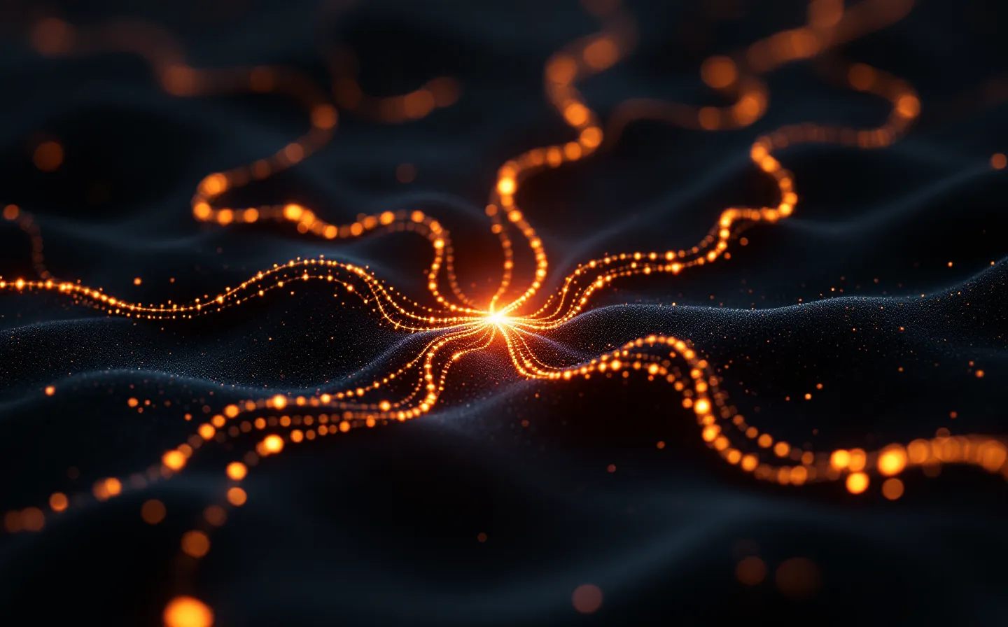 Abstract noir illustration of three signaling pathways converging into one molecule